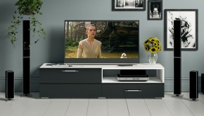 Тумба под ТВ Ларго 1,4, цвет корпус белый/фасады МДФ чёрный глянец, ШхГхВ 140х46х35 см., НЕ универсальная сборка в Красноуральске - krasnouralsk.mebel24.online | фото 12